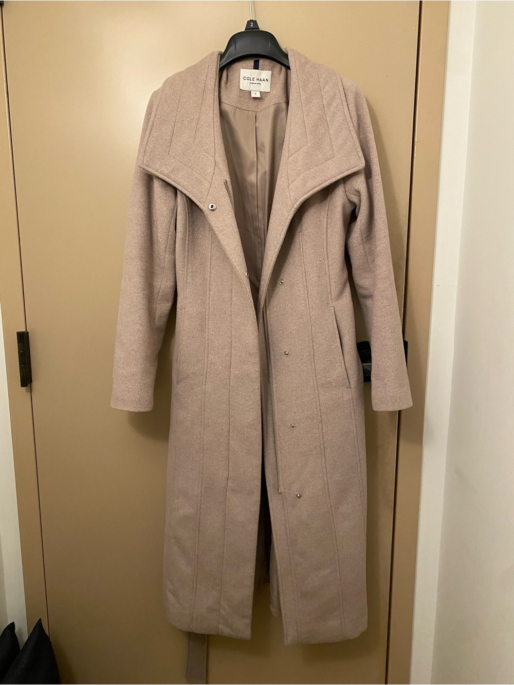 Cole Haan Taupe Long Wool-Blend Trench Coat